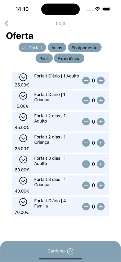 Interface de l'application mobile pour la boutique Ski Serra da Estrela montrant les prix des forfaits de ski et les options de réservation.