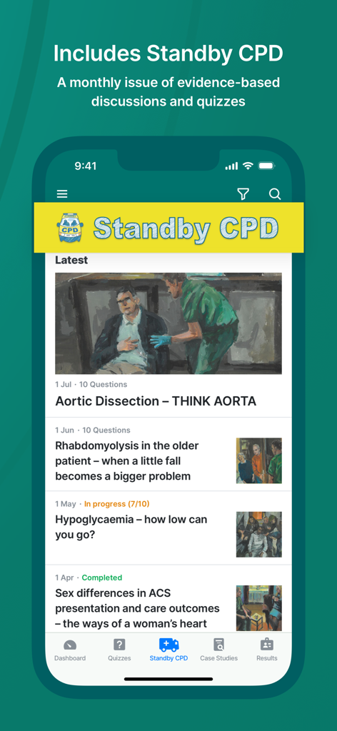ParaPass mobile app screen displaying Standby CPD medical learning modules for paramedics including clinical topics and quizzes.