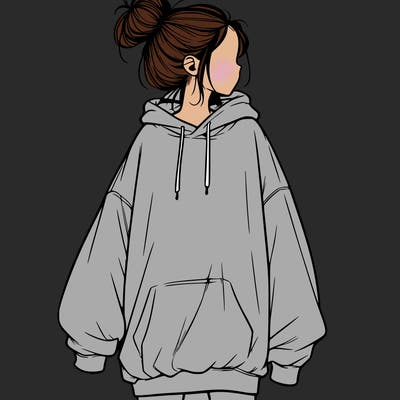 realistic girl with a oversized sweatshirt on and a bun