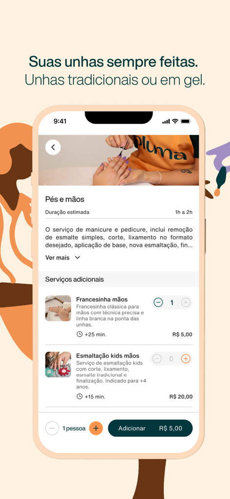 Interfaz de la aplicación Bluma que muestra los detalles de reserva y precios para servicios de manicura y pedicura a domicilio.