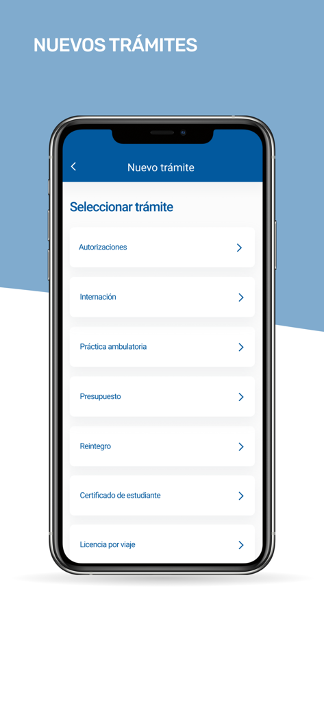 Interface mobile de l'application Galeno montrant un menu pour lancer de nouvelles procédures médicales comme des hospitalisations et des autorisations