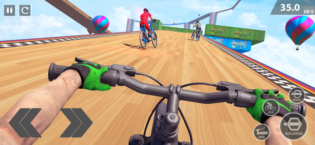 BMX Bicycle Stunt Cycle Games - First person perspective of a BMX bike racing on a sky high wooden track