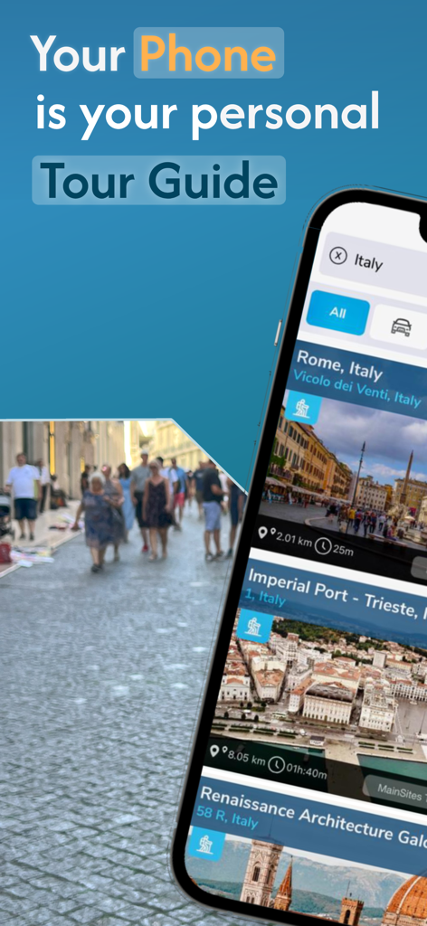 UCPlaces | Your tour guide app - Ein Smartphone, das die UCPlaces App-Oberfläche mit Audiotouren für Rom und Triest und dem Text "Ihr Handy ist Ihr persönlicher Reiseführer" anzeigt.