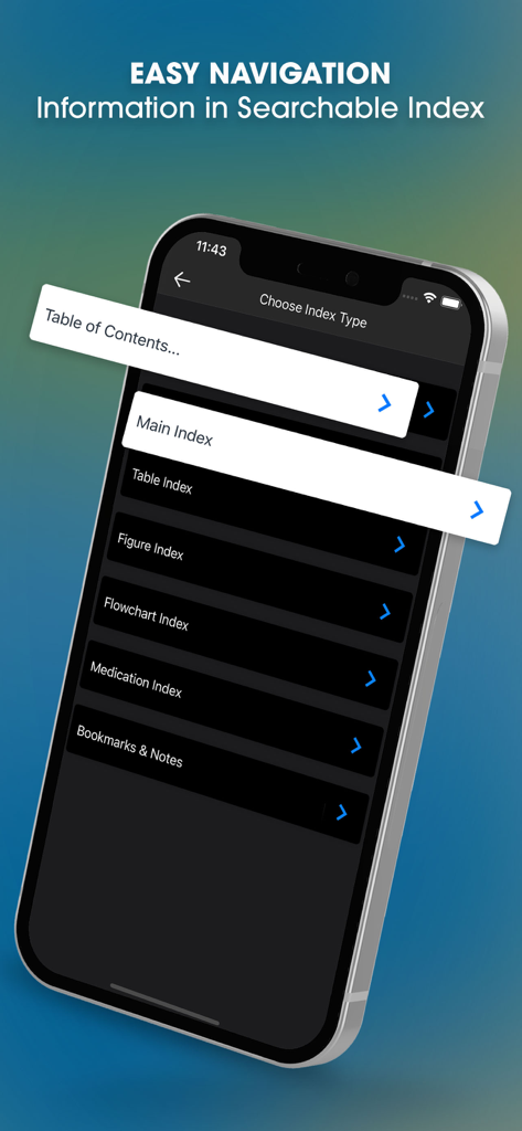 Harrison’s Manual of Medicine app interface showing index options including Table of Contents, Medication Index, and Flowchart Index for easy navigation.