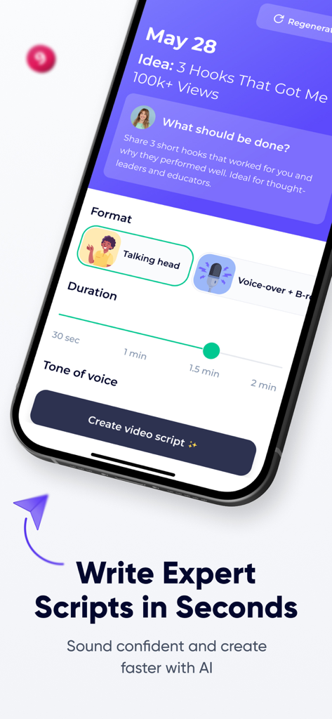 SMMHUB: Growth Marketing Tool - SMMHUB app interface showing AI video script generation feature for social media influencers.