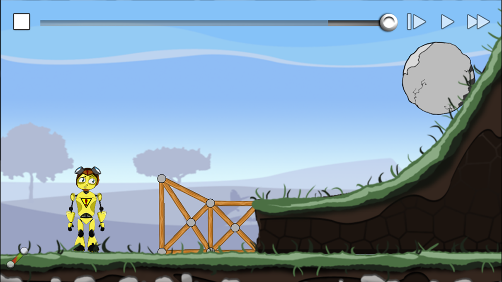 Dummy Defense - A yellow dummy stands behind a wooden structure while a large boulder rolls down a hill in Dummy Defense.