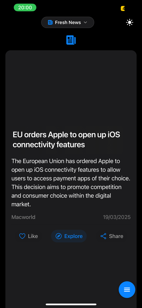 A concise news summary on the TechTok app about EU orders for Apple to open iOS connectivity