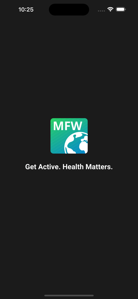 MyFitWorld - MyFitWorld splash screen with logo and slogan Get Active Health Matters