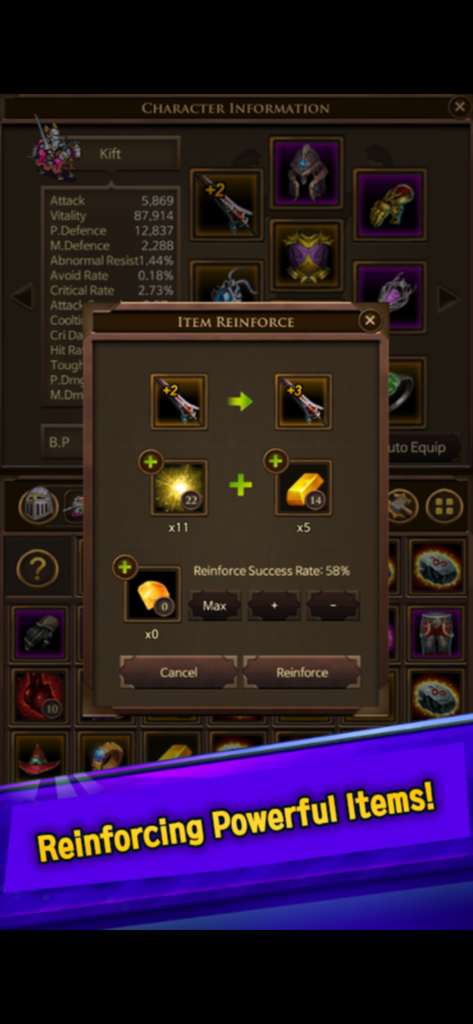 Everybody's RPG - Screenshot of the Item Reinforce menu in Everybodys RPG showing a sword upgrade with a fifty-eight percent success rate