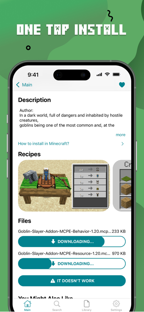 Interface of the Minecraft mods app showing a one tap install screen for a goblin slayer addon with download progress bars.