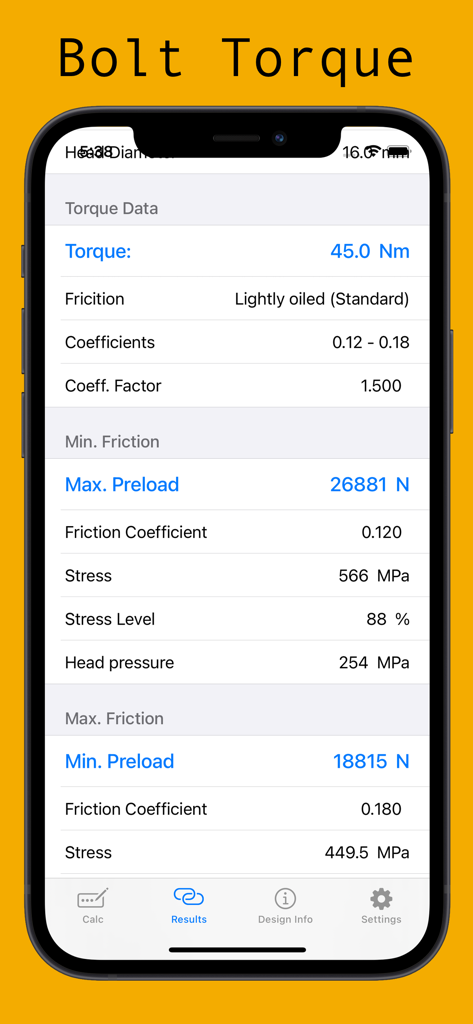 Bolt Torque - Results screen of the Bolt Torque app showing detailed data for torque friction and preload