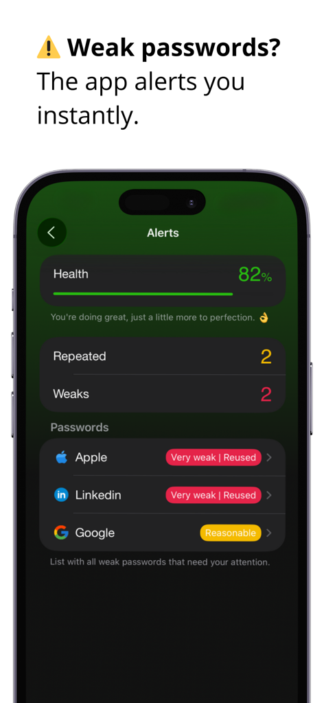 iSenhas - Password Manager - Pantalla de smartphone que muestra el panel de la aplicación iSenhas con la puntuación de salud de las contraseñas y alertas de seguridad para cuentas débiles o reutilizadas