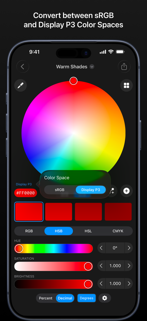 Colorlogix - Color Design Tool - Interfaz de la aplicación Colorlogix que muestra una rueda de color y la opción de convertir entre los espacios de color sRGB y Display P3