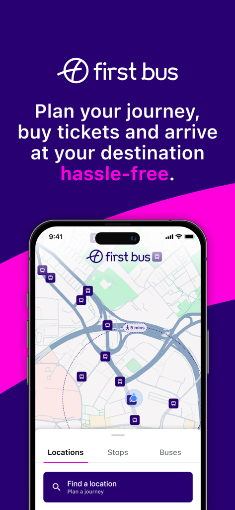 First Bus app interface showing a map of bus stops and a search bar for planning journeys