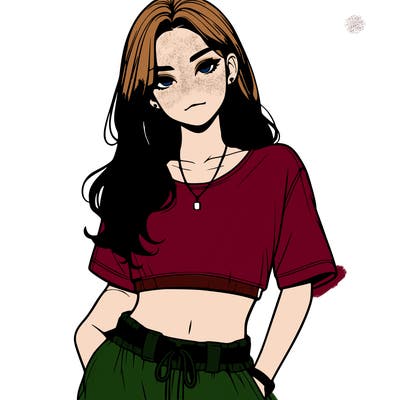 realistic girl witha crop top and baggy pants