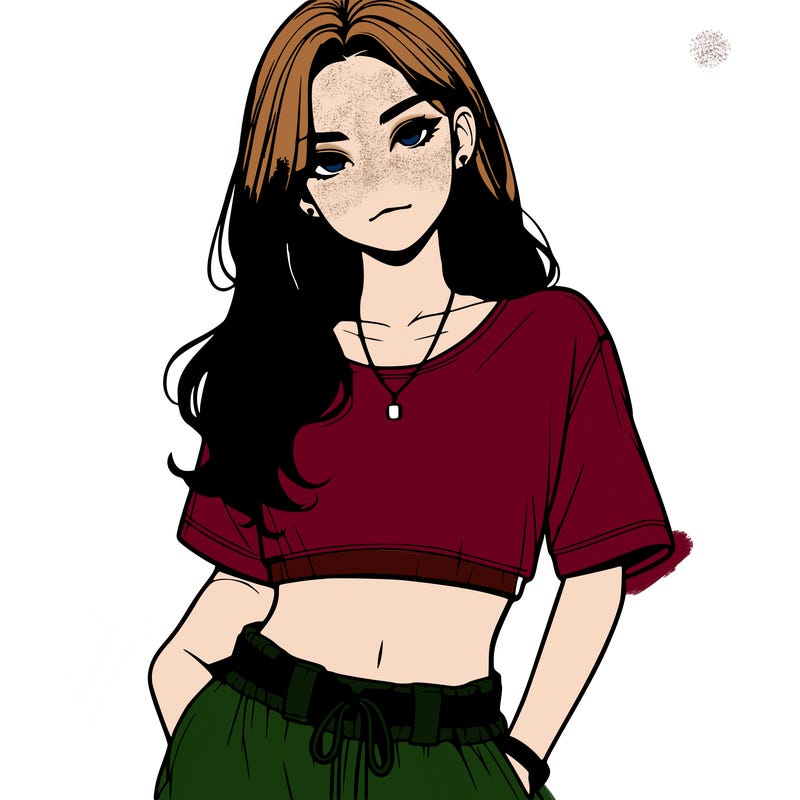realistic girl witha crop top and baggy pants