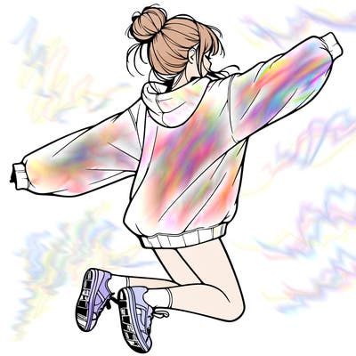 realistic girl jumping with a bun and oversized sweatshirt