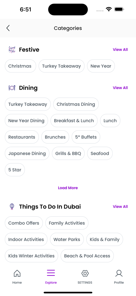 Cobone - Deals & Coupons - Cobone mobile app interface showing categories for festive deals dining and attractions in Dubai