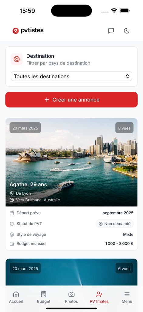 Profil d'un voyageur sur l'écran communautaire PVTmates de l'application pvtistes préparant un voyage en Australie.