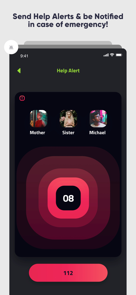 Placeter app help alert screen with emergency contacts and SOS countdown timer