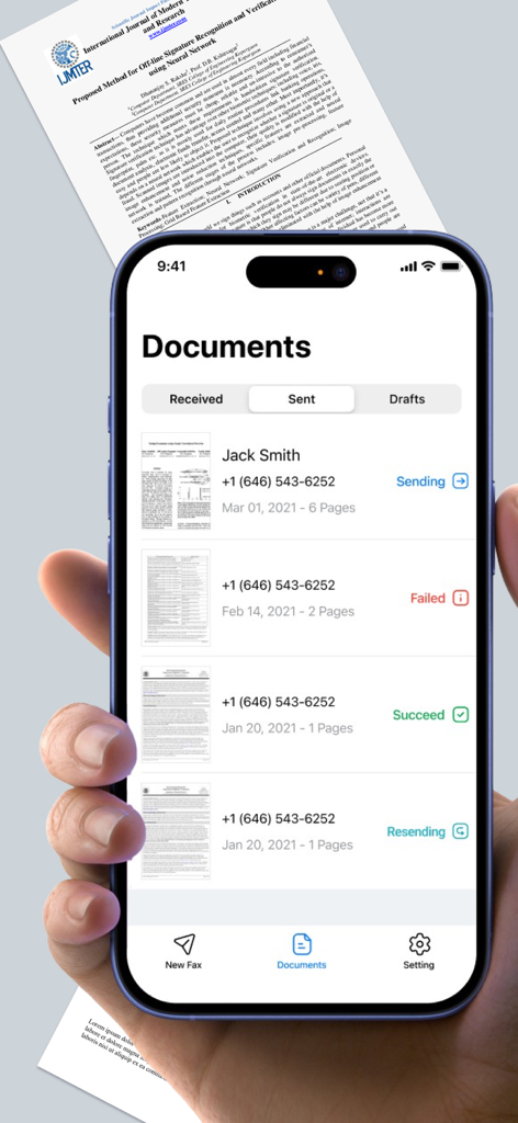 iPhone screen displaying a list of sent fax documents with status labels such as sending failed and succeed