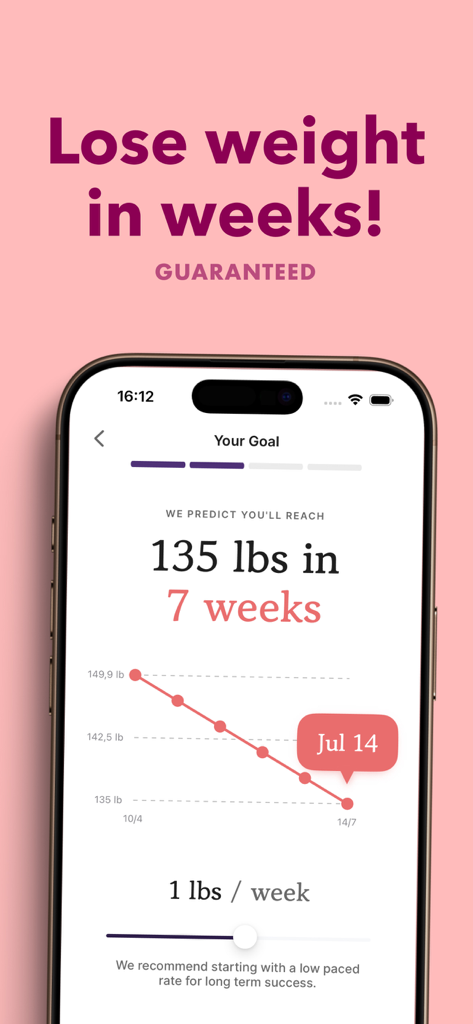 Cals: Lose Weight - Cals app interface showing a weight loss goal prediction and progress graph