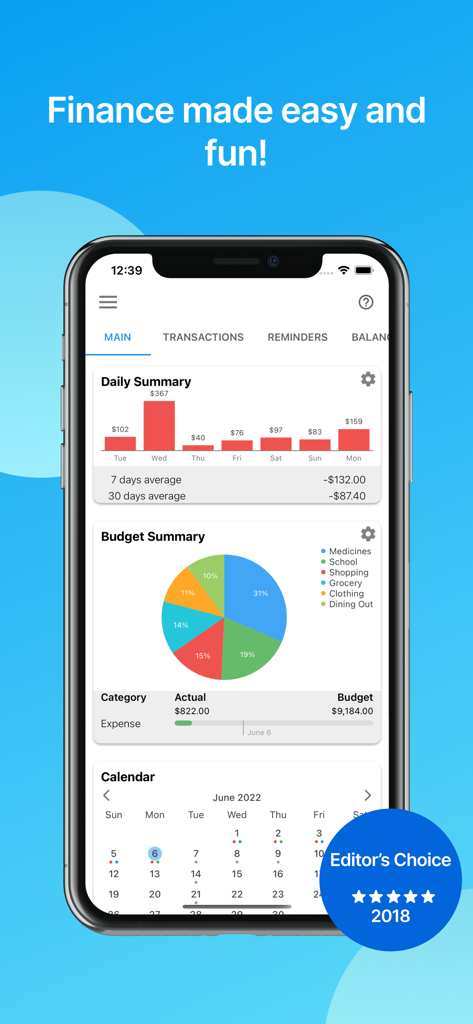 Bluecoins Finance & Budget - Bluecoins app dashboard on iPhone showing daily spending bar charts, a budget summary pie chart, and a financial calendar.