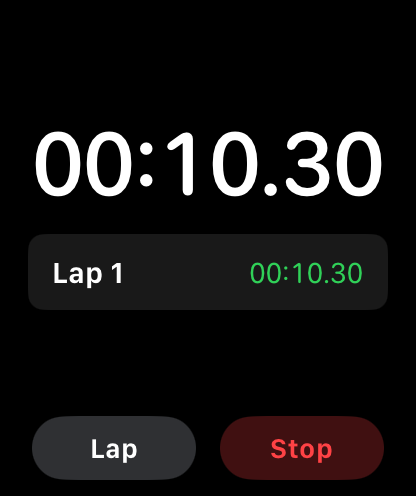 Interfaz de la app Stopwatch Max en Apple Watch mostrando un cronómetro en ejecución y la vuelta registrada.