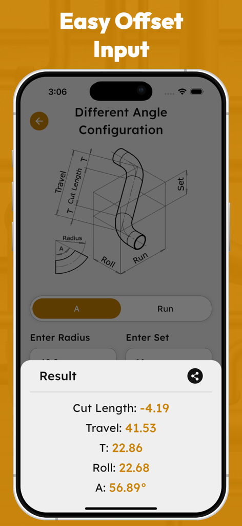 Mobile app screen showing a technical pipe offset diagram and calculated results for travel and cut length