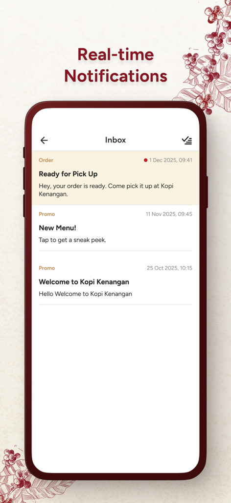 Kopi Kenangan Indonesia - Kopi Kenangan app inbox screen with real-time notifications for order status and promotions
