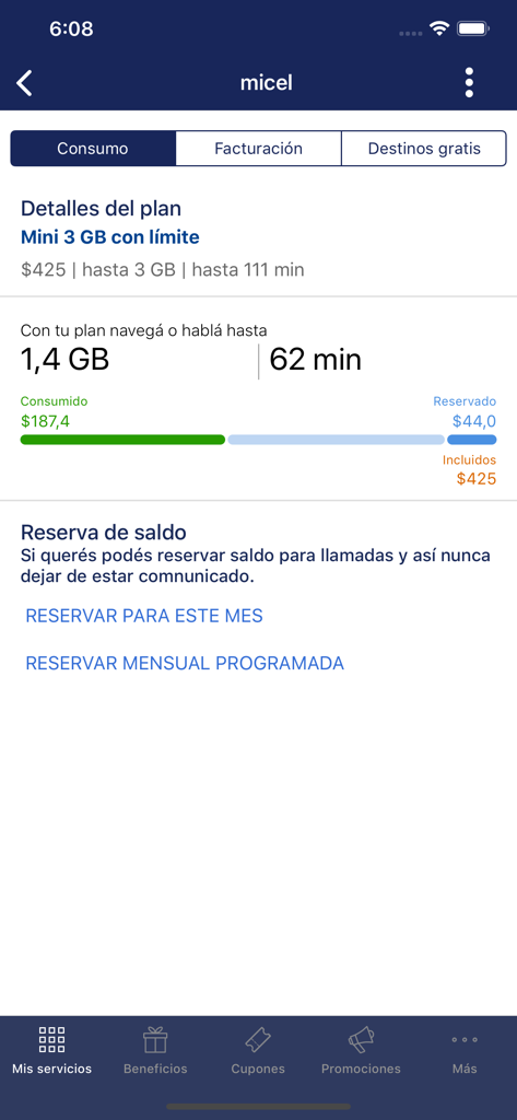 Mi Antel - Pantalla de la aplicación Mi Antel mostrando detalles de consumo de datos móviles y minutos de llamadas.