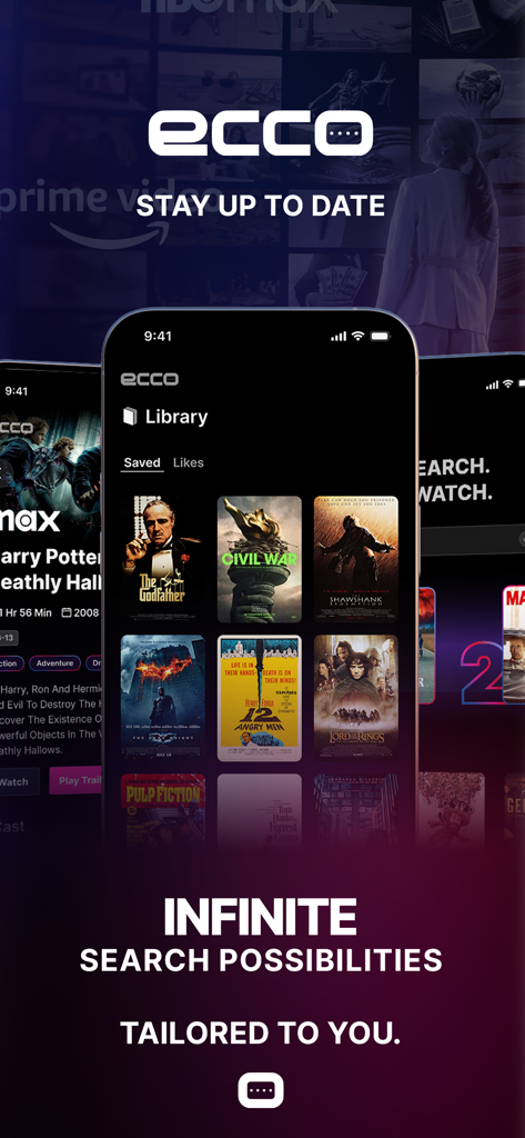 ECCO app interface showing a saved movie library with iconic film posters.