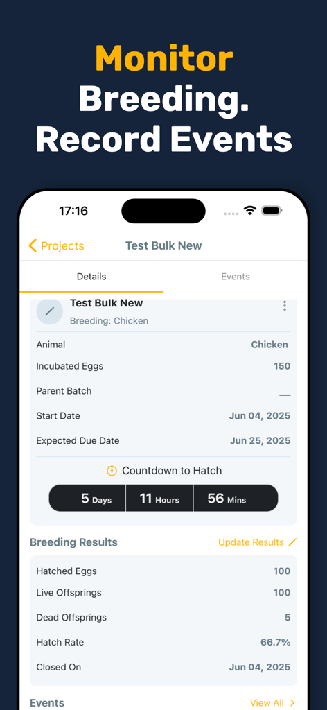 Livestock Manager Farm Tracker - Livestock Manager app interface showing poultry breeding details and hatch rate analytics.