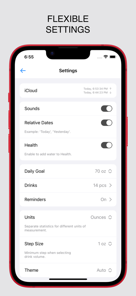 WaterGo: Water Tracker - Settings screen of WaterGo Water Tracker app showing options for daily hydration goals reminders and health integration on an iPhone
