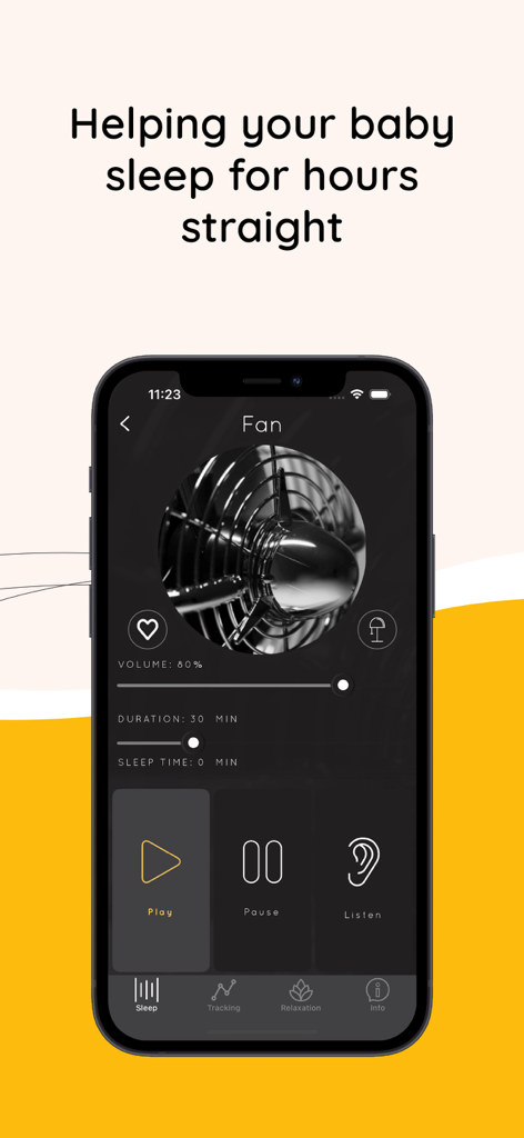 Sound Sleeper Baby White Noise - Sound Sleeper app interface displaying fan white noise settings for baby sleep
