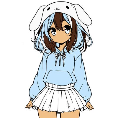 pretty anime girl wearing a fluffy hoodie with bunny ears on the hood and a skirt