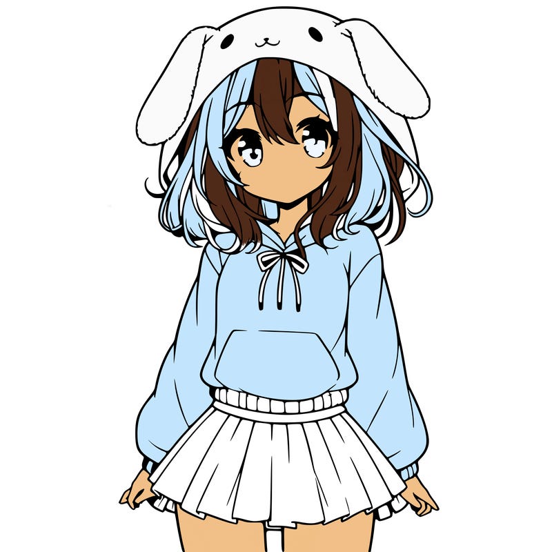 pretty anime girl wearing a fluffy hoodie with bunny ears on the hood and a skirt