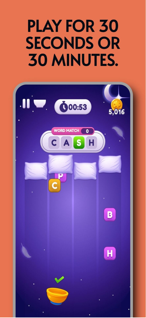 Pantalla de juego de Worde Flow que muestra un puzle de combinación de palabras con letras que caen y un tema acogedor