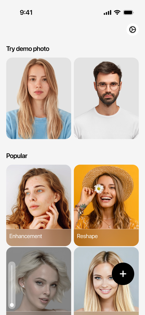 Faceon: Photo Editor & Effects - Main interface of the Faceon app displaying demo photos and popular editing tools like Enhancement and Reshape.