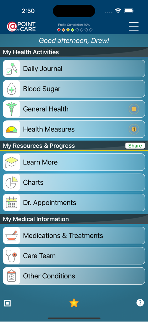 Diabetes Health Manager - Main dashboard of the Diabetes Health Manager app showing sections for health activities, resources, and medical information.