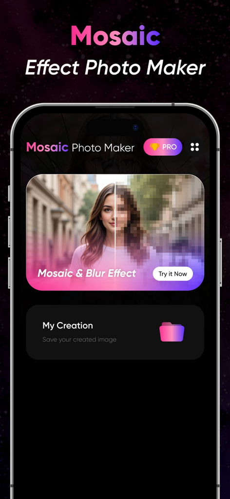 Interfaz de la aplicación Mosaic Blur Photo Maker mostrando una vista previa del efecto de mosaico en un retrato y la carpeta mis creaciones