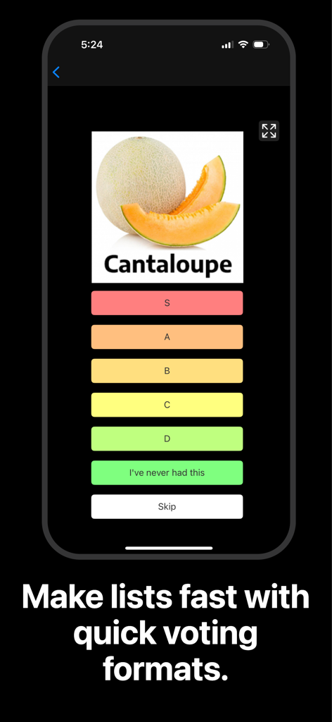 TierMaker.com - Interface mobile do aplicativo TierMaker mostrando uma tela de votação rápida para ranquear um item do nível S ao D.