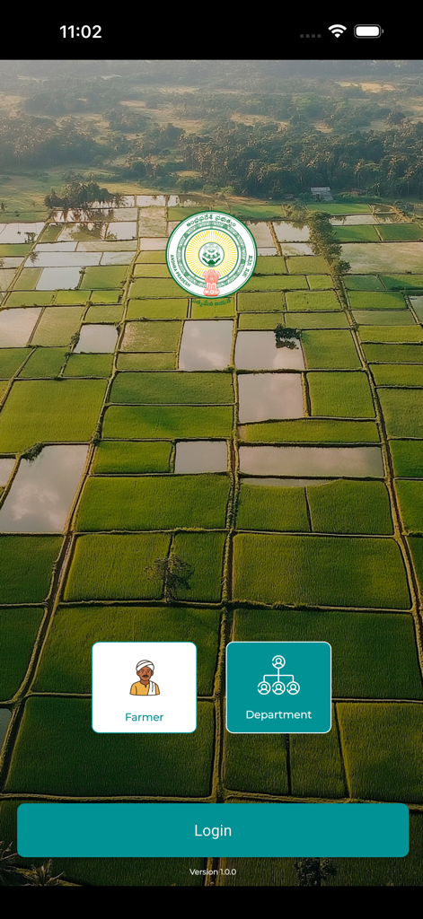 AP AGRI - AP AGRI login screen with selection buttons for Farmer and Department over an aerial view of green agricultural fields.