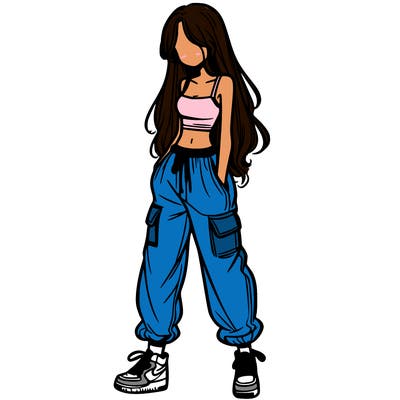 girl in baggy pants crop top and long hair