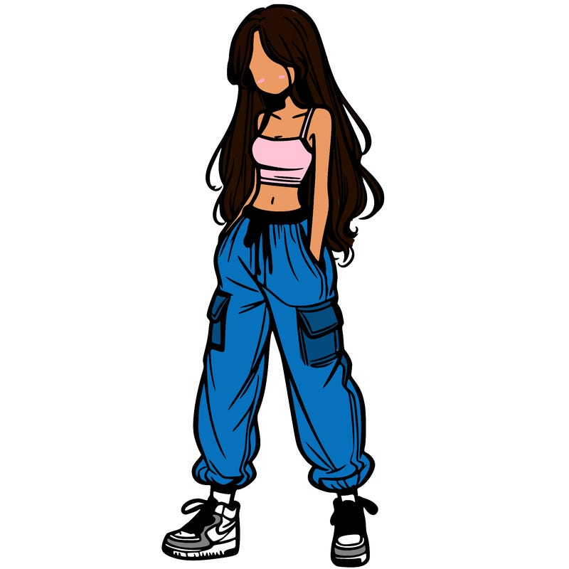 girl in baggy pants crop top and long hair