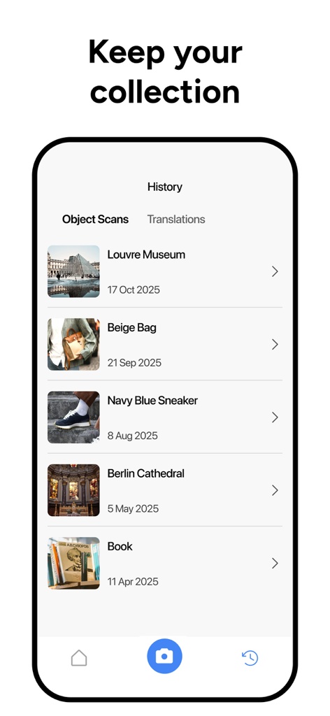 Pantalla de smartphone mostrando el historial de objetos escaneados, incluidos monumentos y artículos de moda en la Aplicación de Búsqueda Inversa de Imágenes