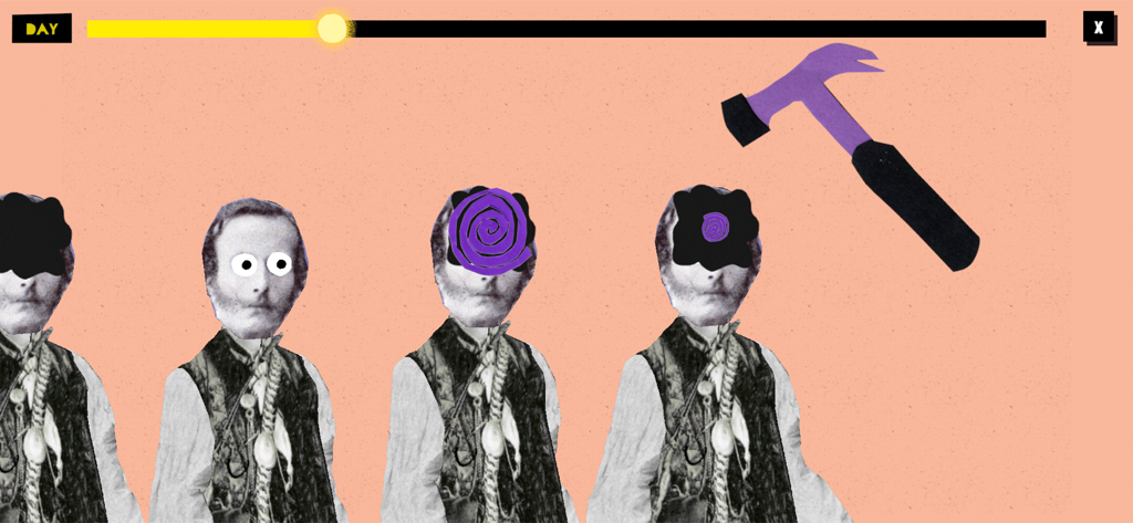 Real Vampires - A surreal collage style mini game with historical figures having modified faces and a purple hammer floating above