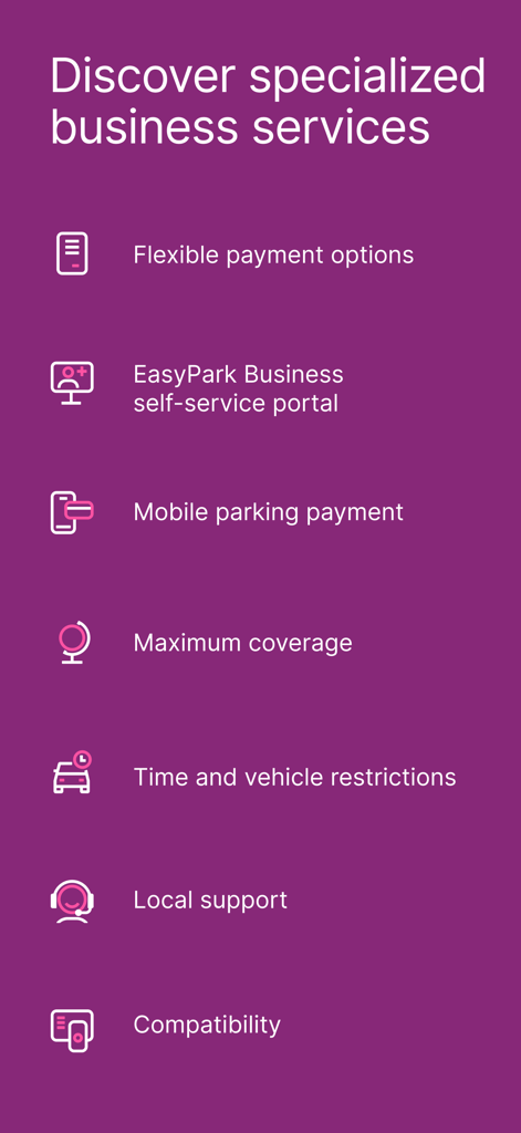 A list of EasyPark specialized business services including flexible payment options and a self-service portal