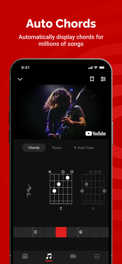 Spark: Chords, Backing Tracks - Interface de l'application Spark affichant la fonction d'accords automatiques avec des diagrammes d'accords de guitare pour une vidéo YouTube
