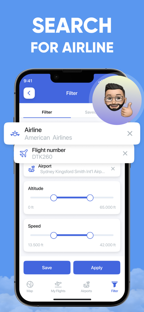 Flight Tracker Airplane Radar - Interfaccia dell'app mobile che mostra filtri di ricerca per numero di volo della compagnia aerea e altitudine